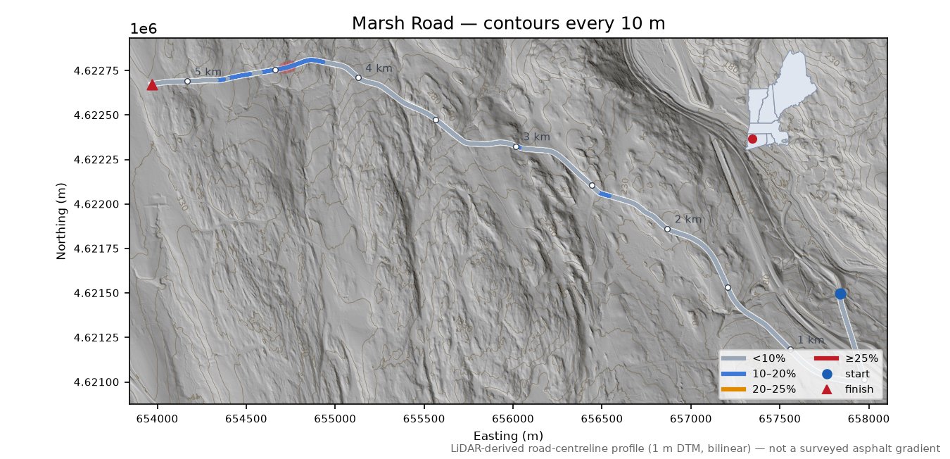 Marsh Road LiDAR hillshade map with contours