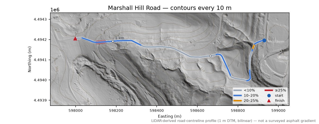 Marshall Hill Road LiDAR hillshade map with contours