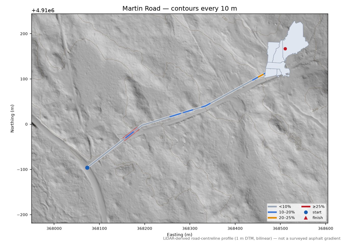 Martin Road LiDAR hillshade map with contours