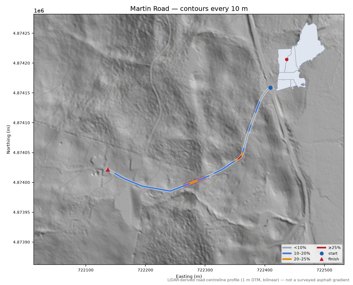 Martin Road LiDAR hillshade map with contours