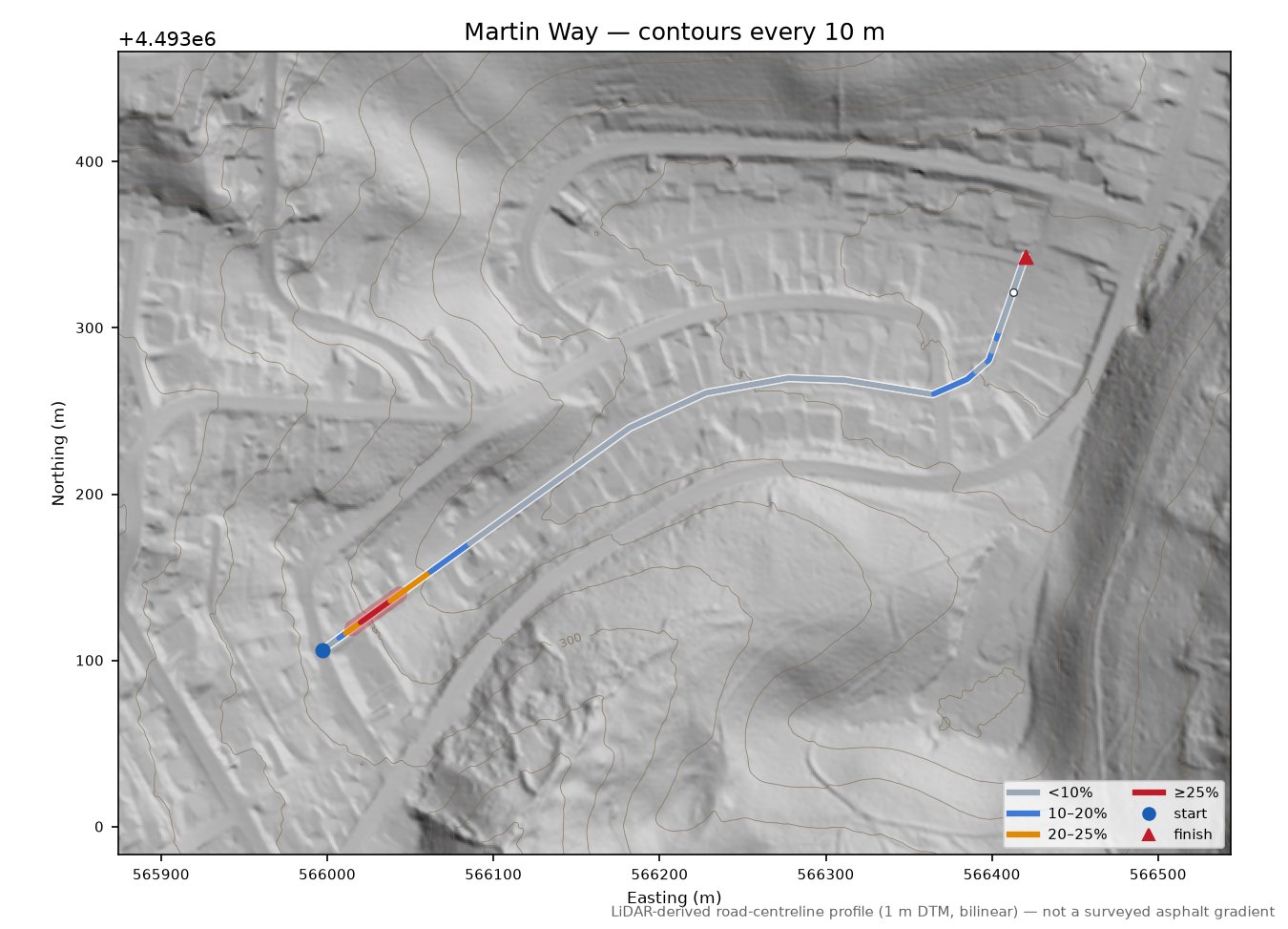 Martin Way LiDAR hillshade map with contours
