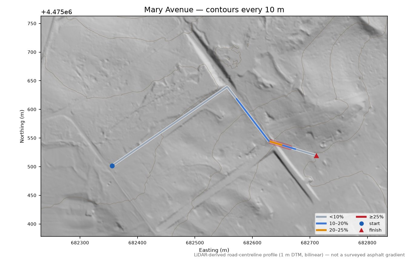 Mary Avenue LiDAR hillshade map with contours