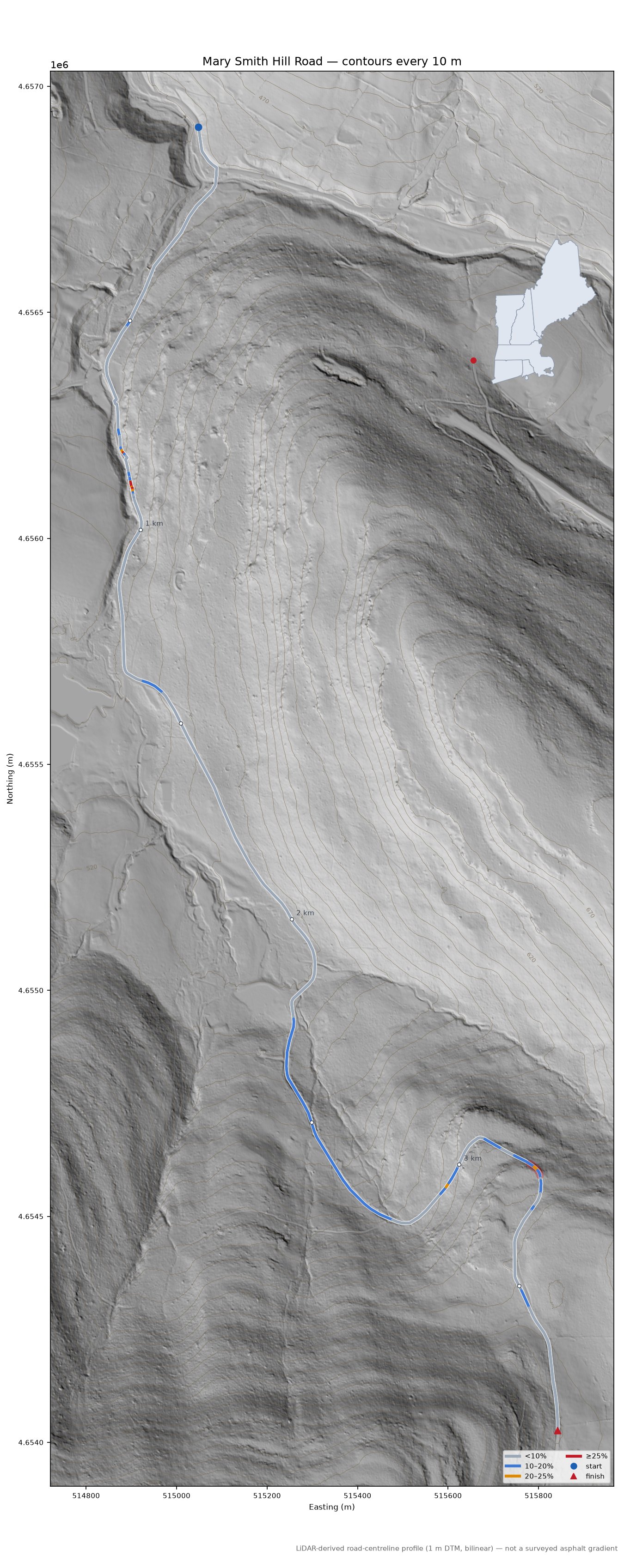 Mary Smith Hill Road LiDAR hillshade map with contours