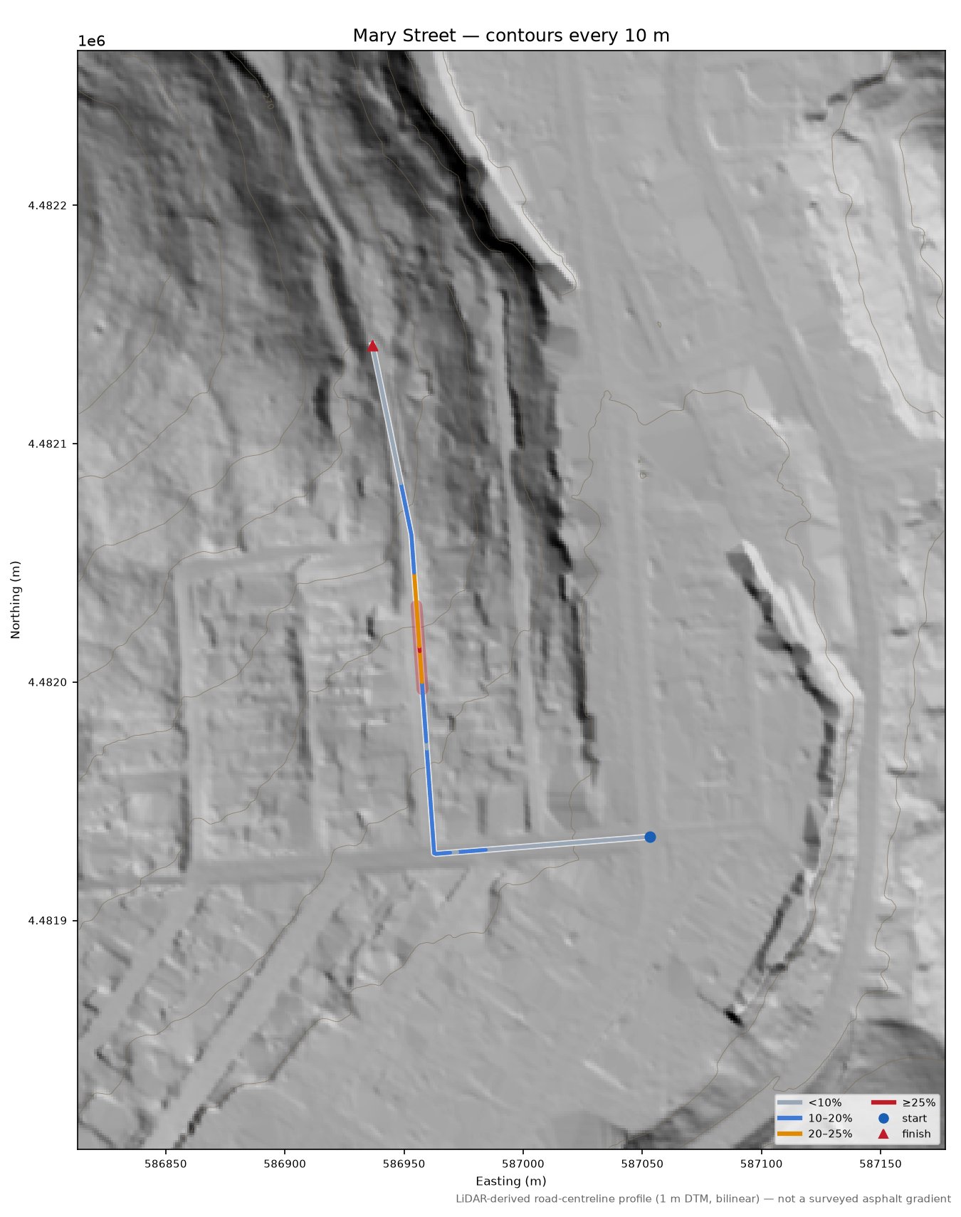 Mary Street LiDAR hillshade map with contours