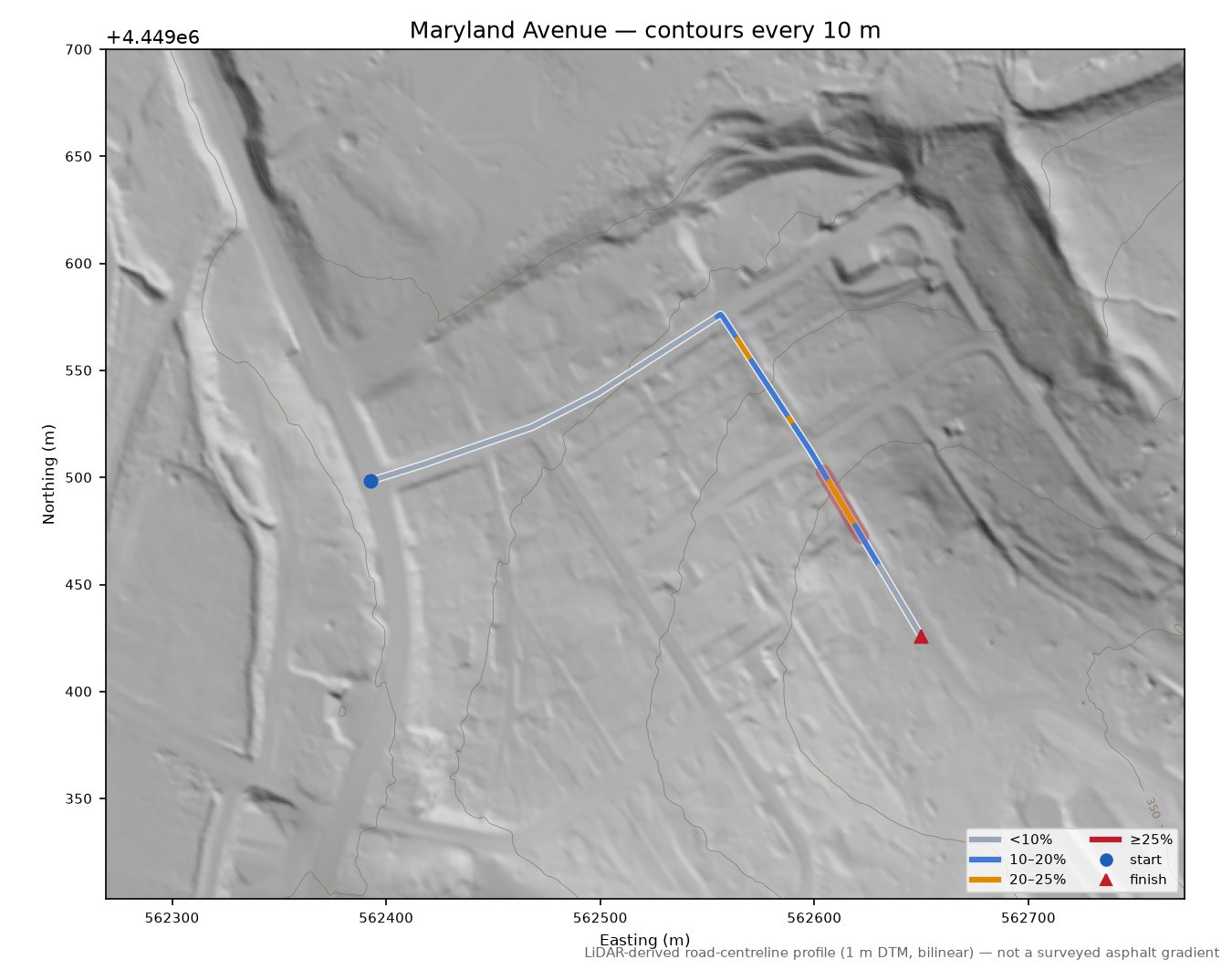 Maryland Avenue LiDAR hillshade map with contours