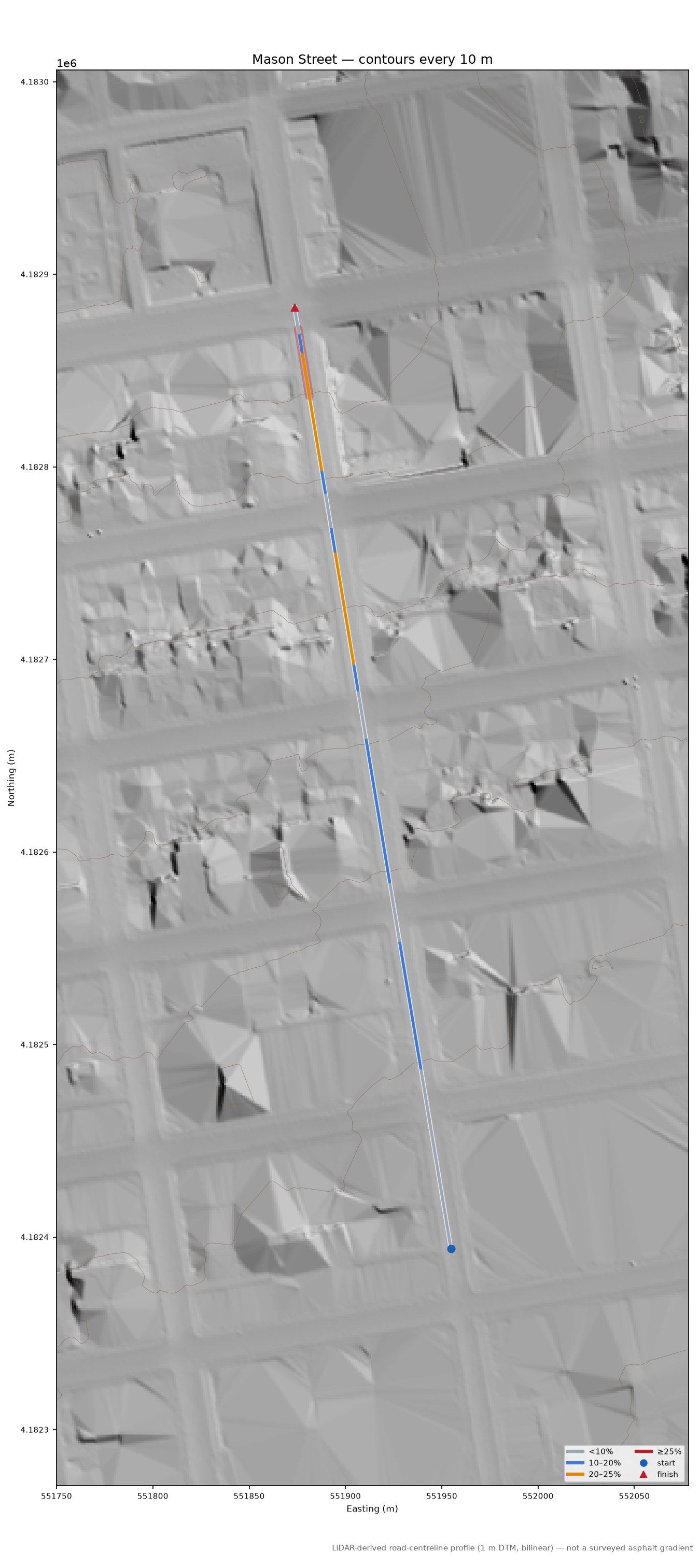 Mason Street LiDAR hillshade map with contours