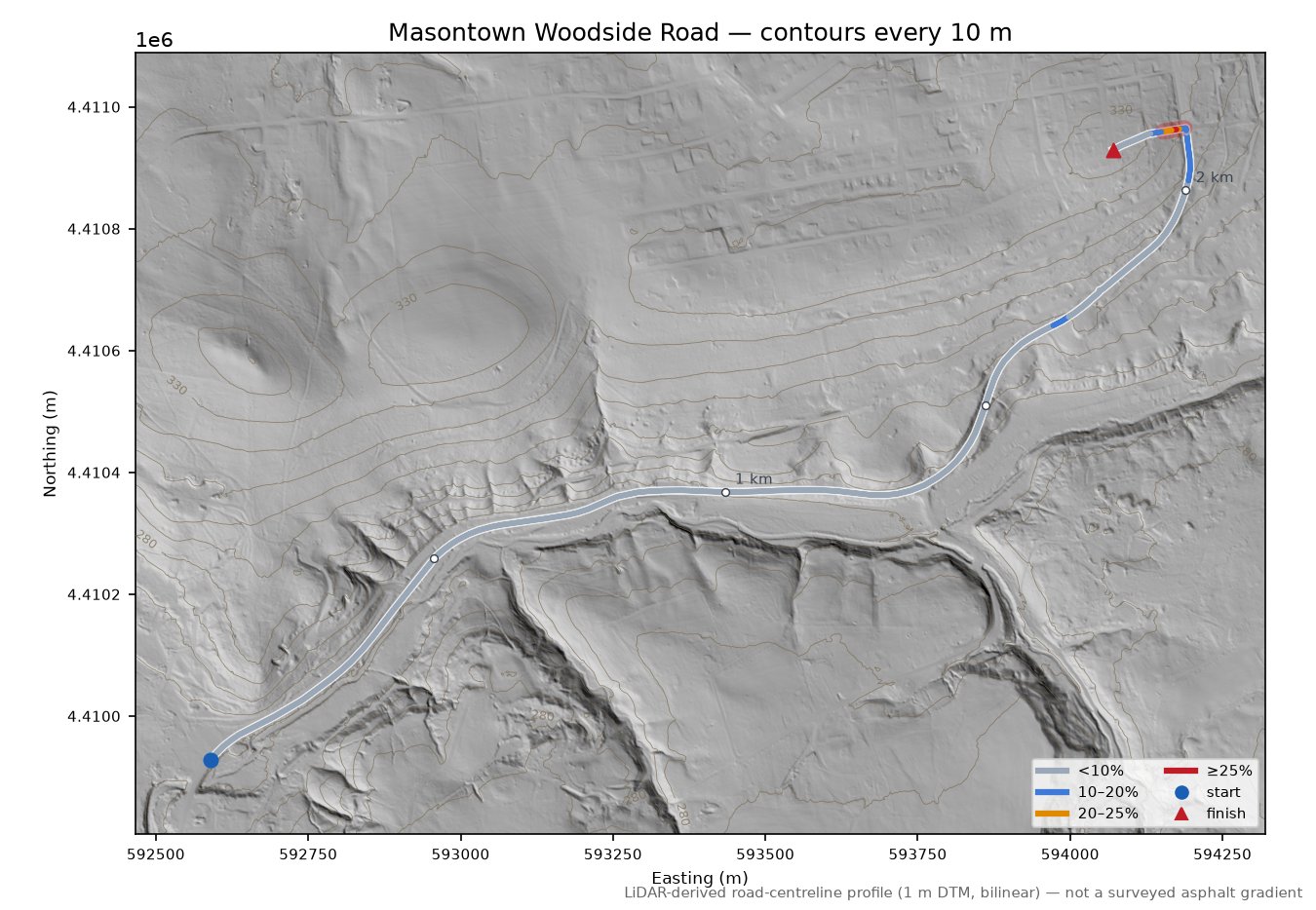 Masontown Woodside Road LiDAR hillshade map with contours
