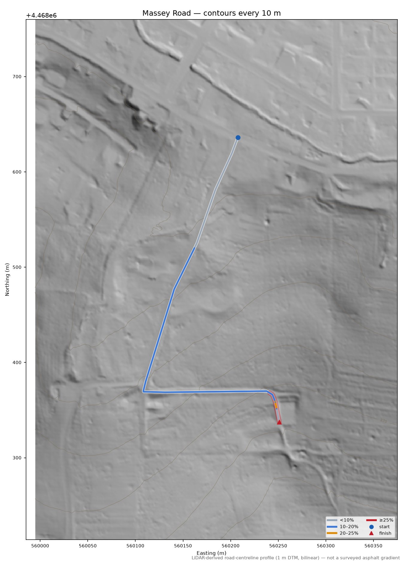 Massey Road LiDAR hillshade map with contours