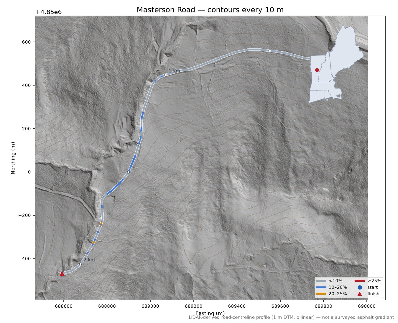 Masterson Road LiDAR hillshade map with contours