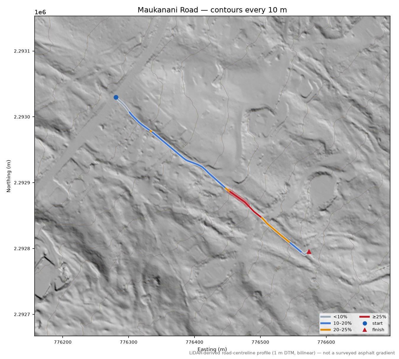 Maukanani Road LiDAR hillshade map with contours