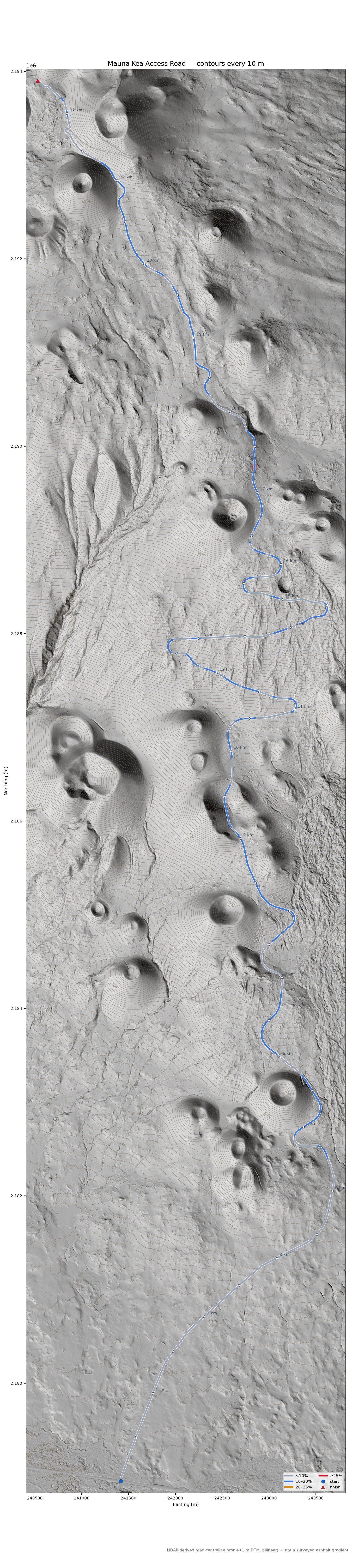 Mauna Kea Access Road LiDAR hillshade map with contours