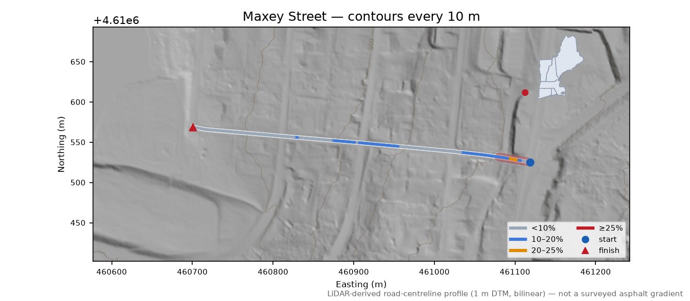 Maxey Street LiDAR hillshade map with contours