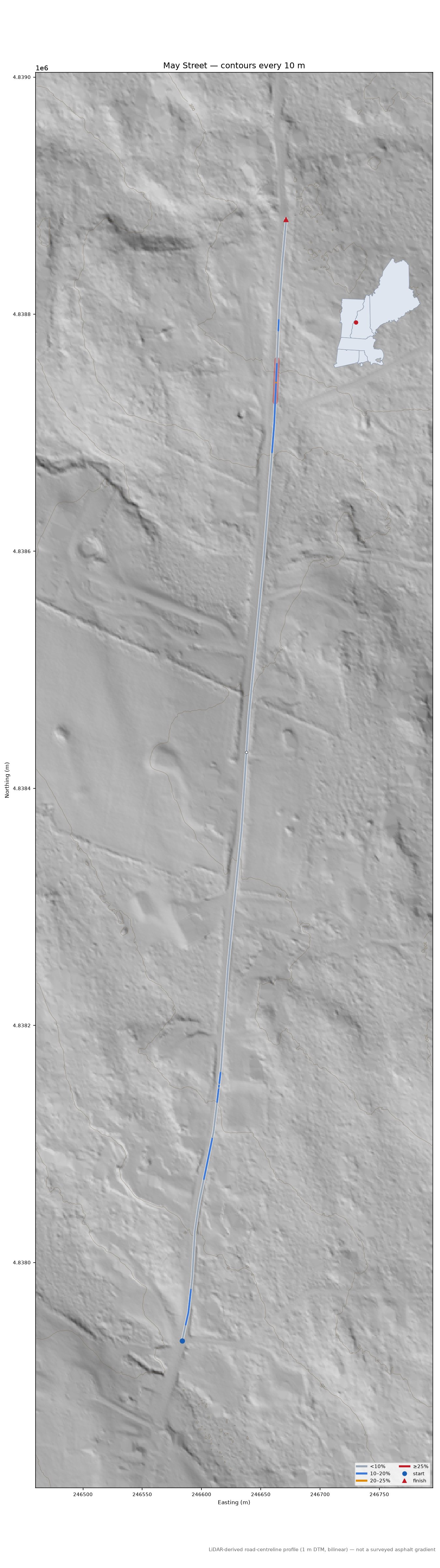 May Street LiDAR hillshade map with contours