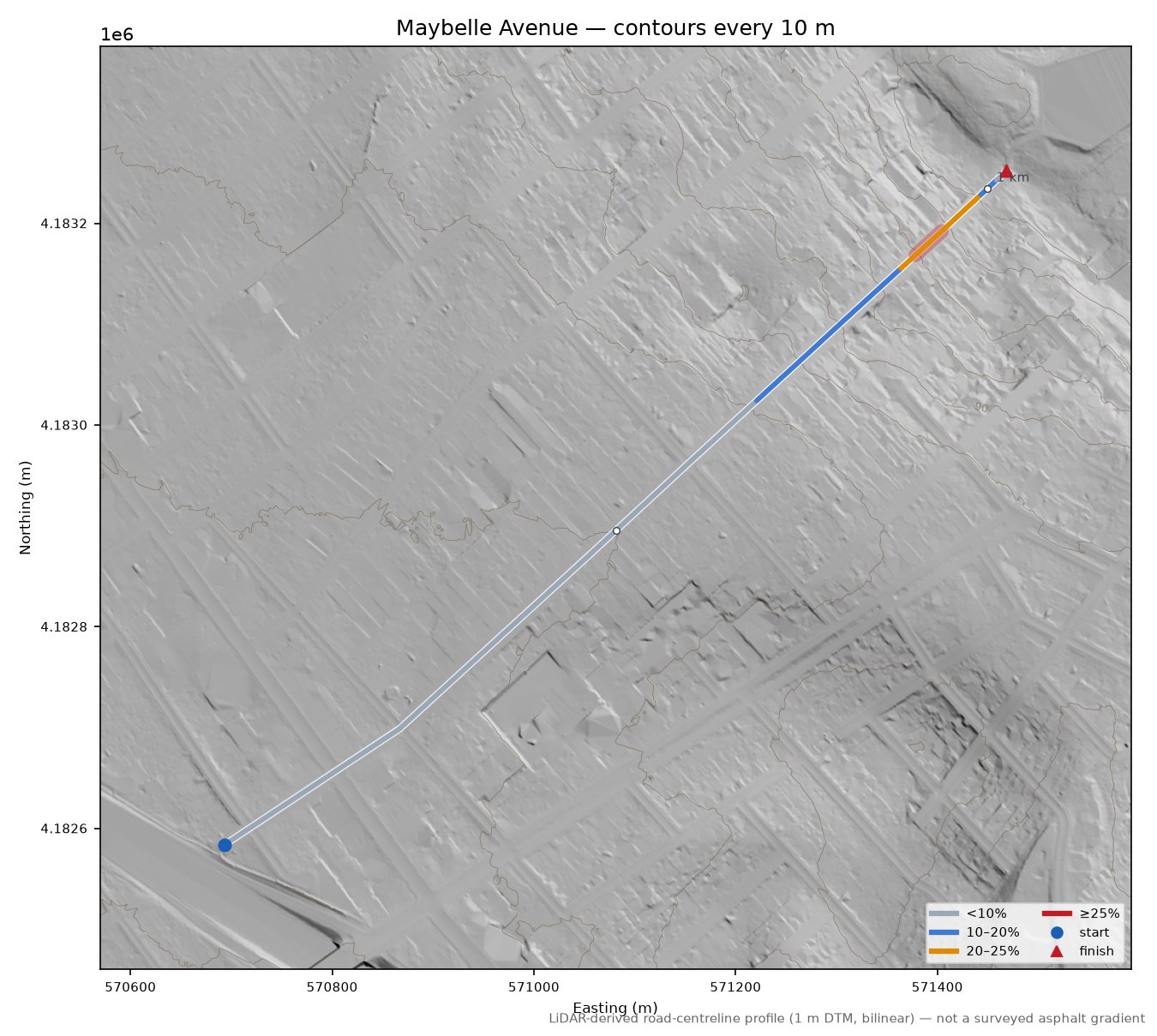 Maybelle Avenue LiDAR hillshade map with contours