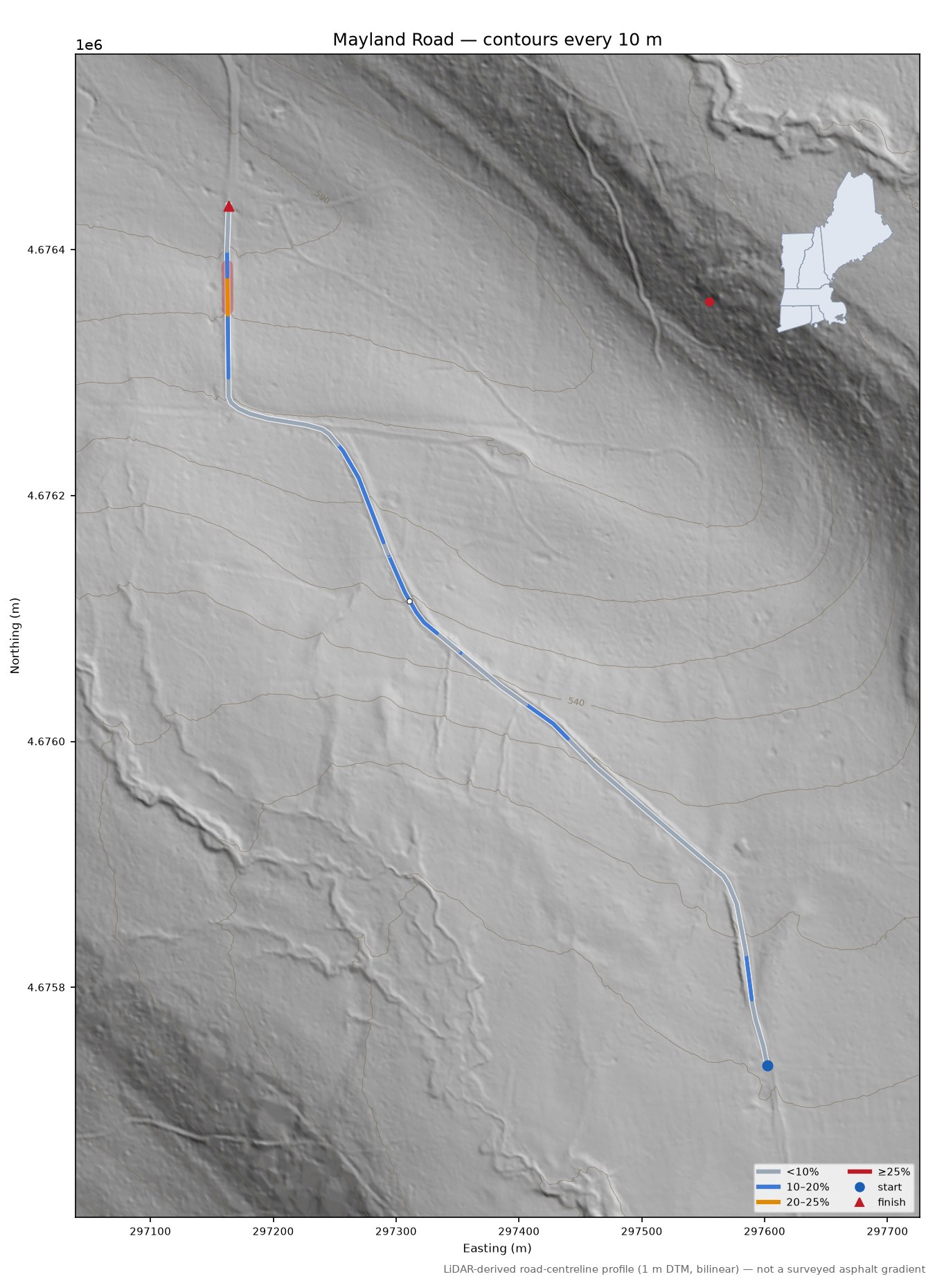 Mayland Road LiDAR hillshade map with contours