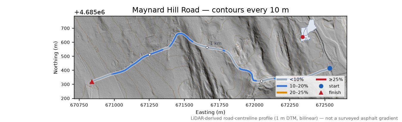 Maynard Hill Road LiDAR hillshade map with contours