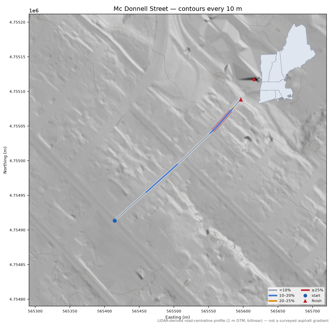 Mc Donnell Street LiDAR hillshade map with contours