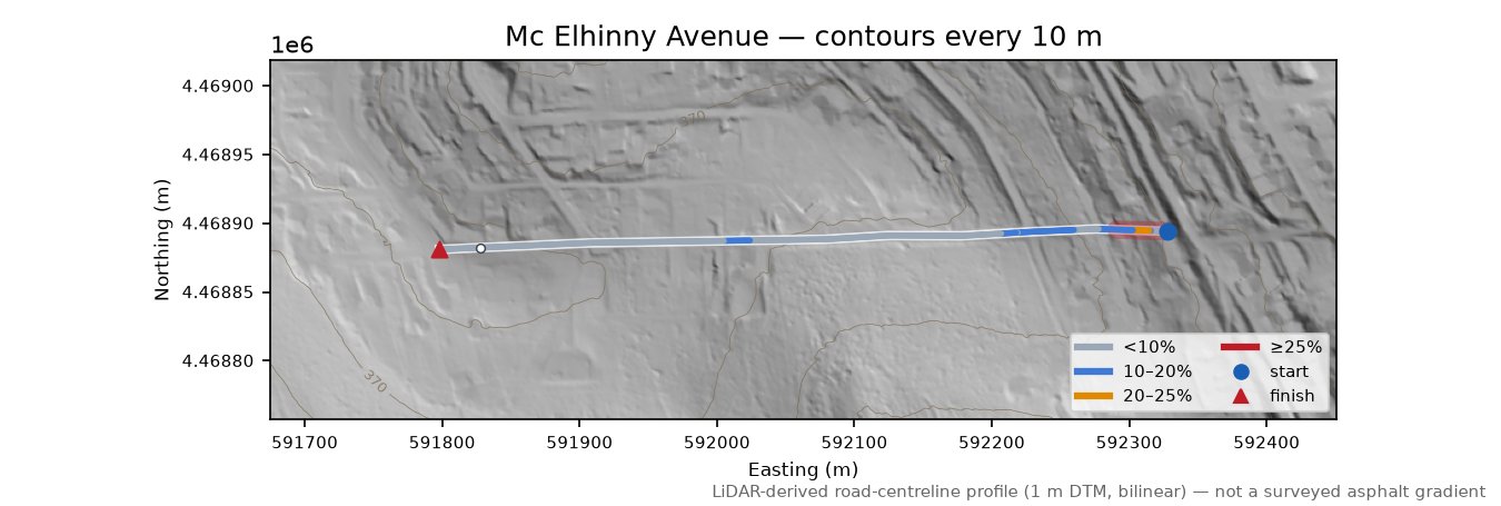 Mc Elhinny Avenue LiDAR hillshade map with contours