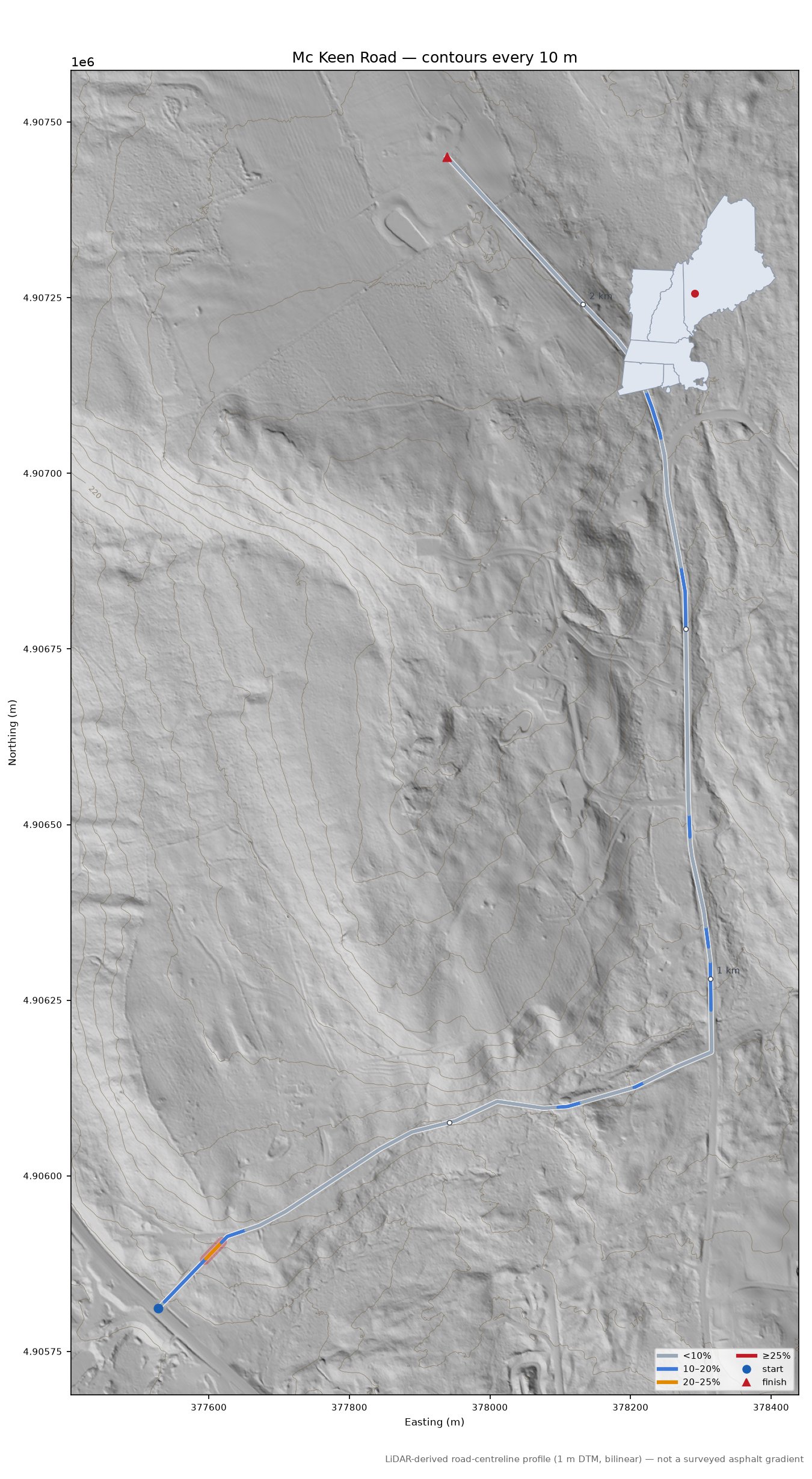 Mc Keen Road LiDAR hillshade map with contours