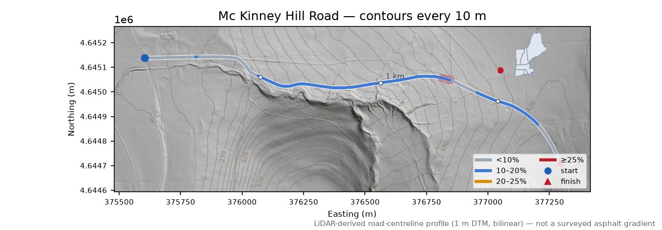 Mc Kinney Hill Road LiDAR hillshade map with contours