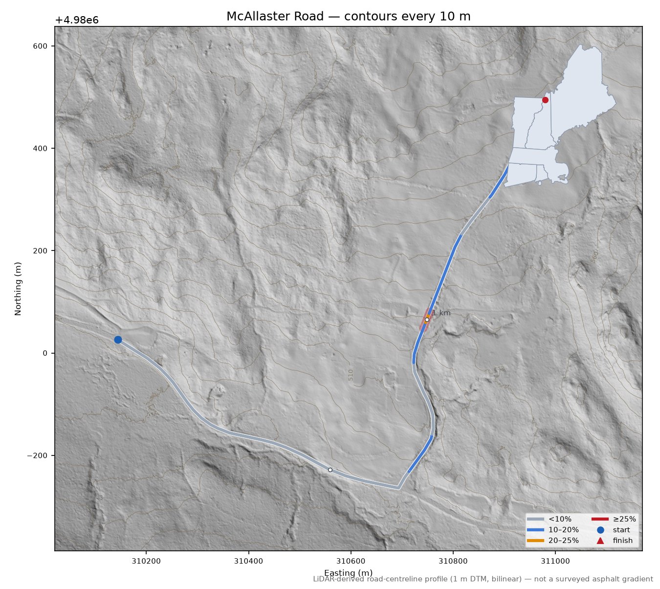 McAllaster Road LiDAR hillshade map with contours