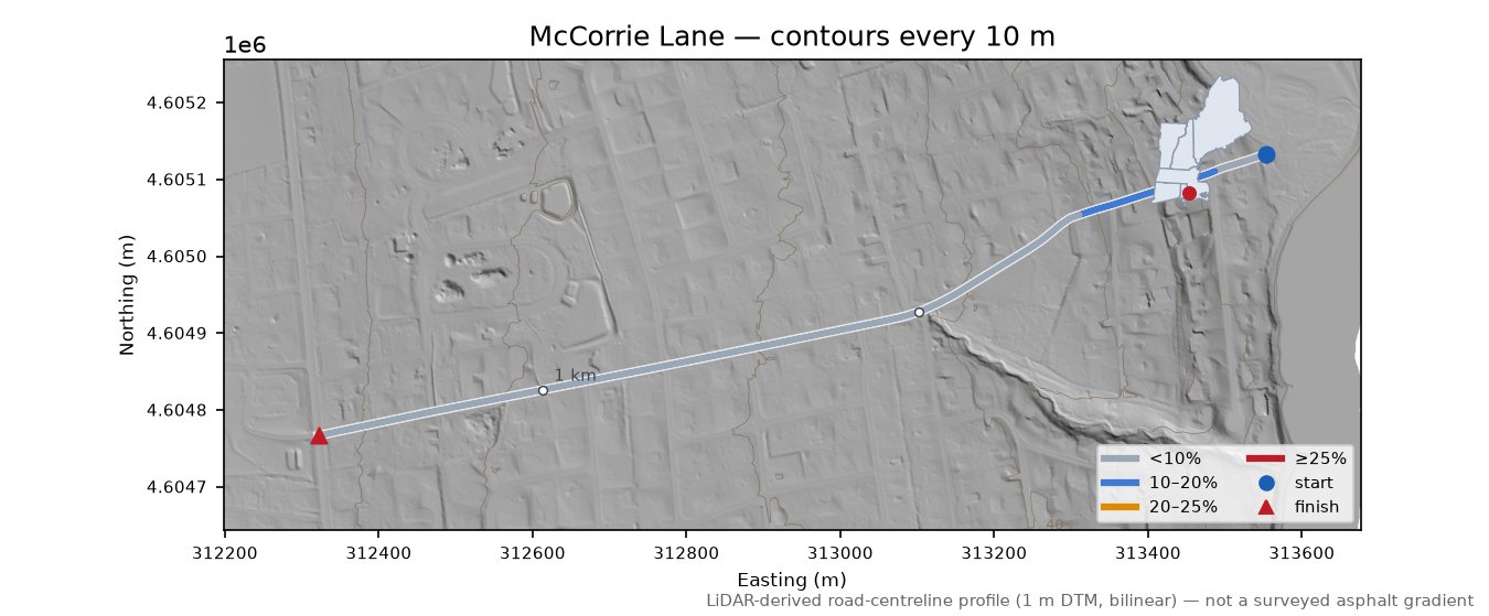 McCorrie Lane LiDAR hillshade map with contours