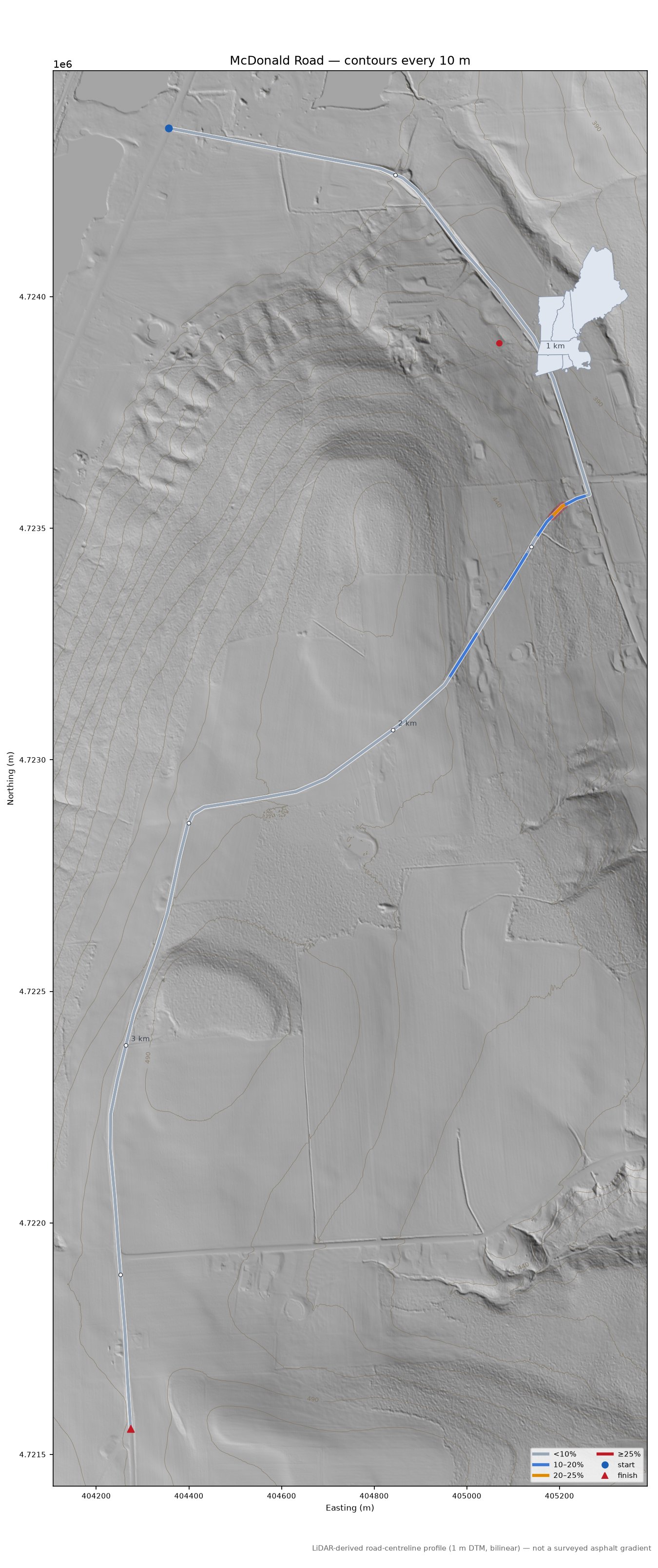 McDonald Road LiDAR hillshade map with contours