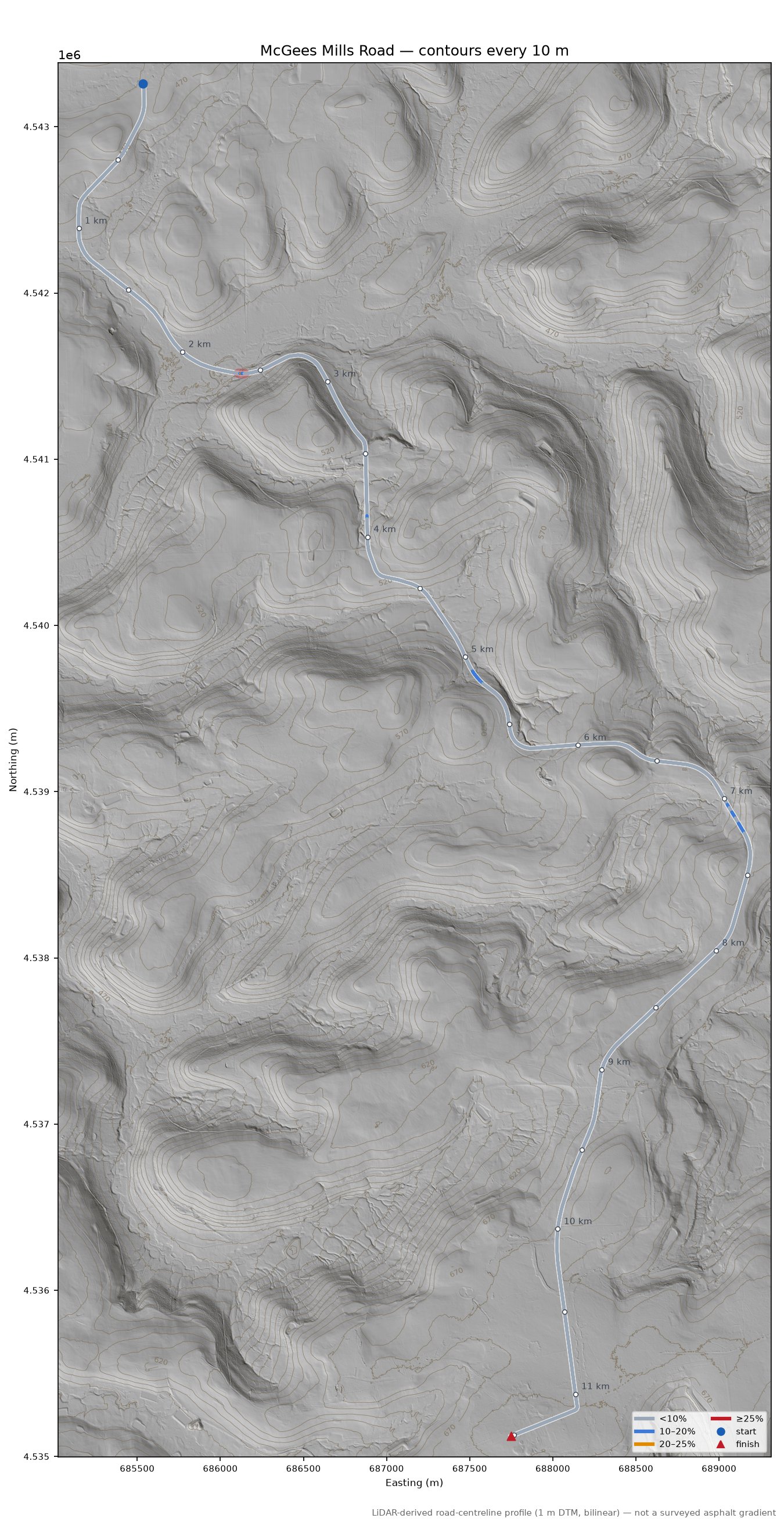 McGees Mills Road LiDAR hillshade map with contours