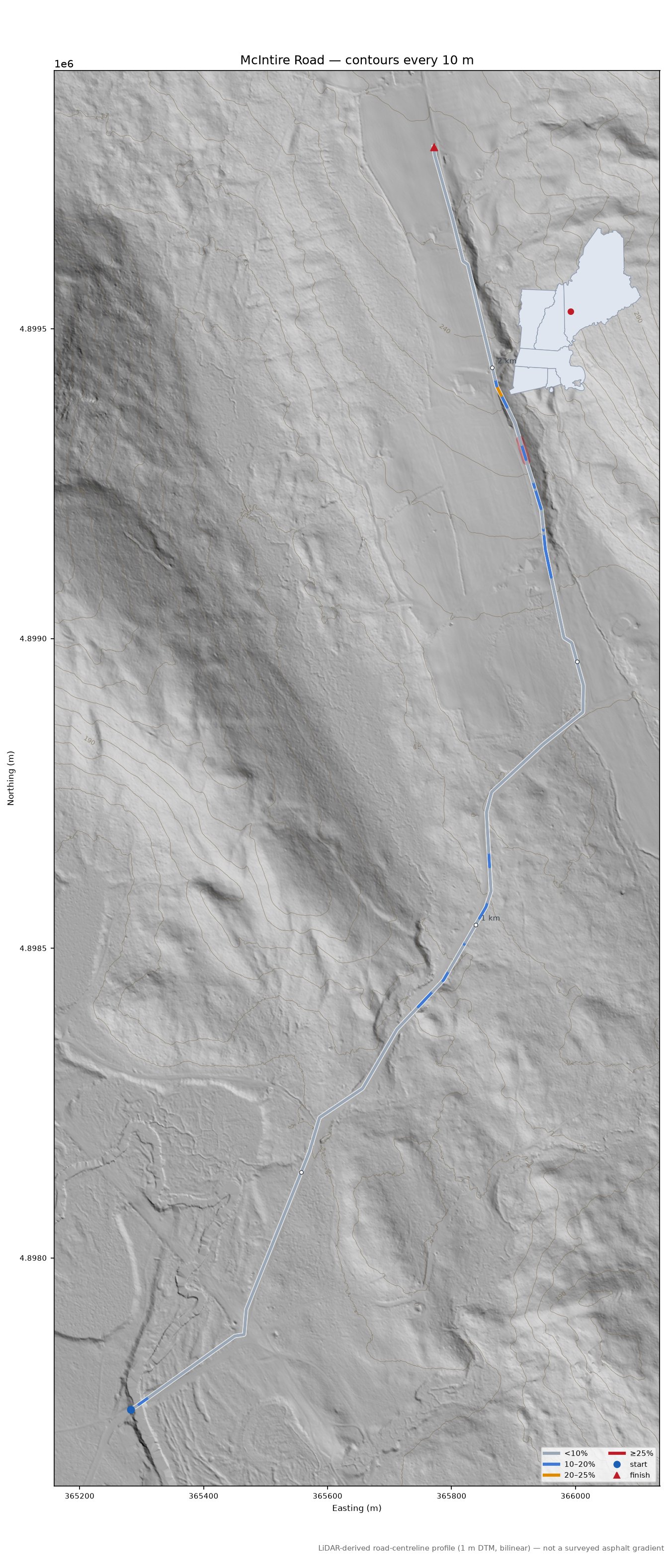 McIntire Road LiDAR hillshade map with contours