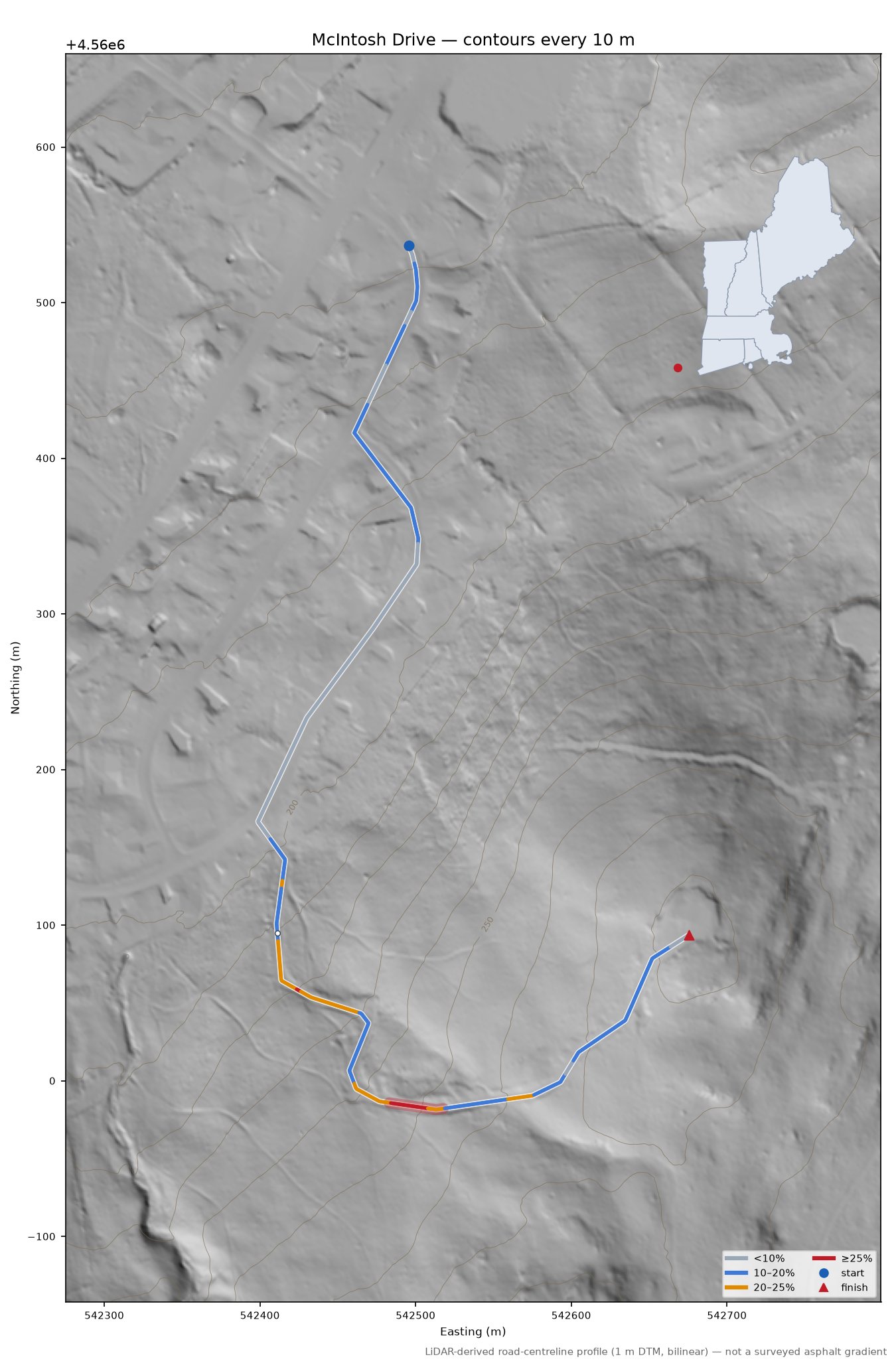 McIntosh Drive LiDAR hillshade map with contours