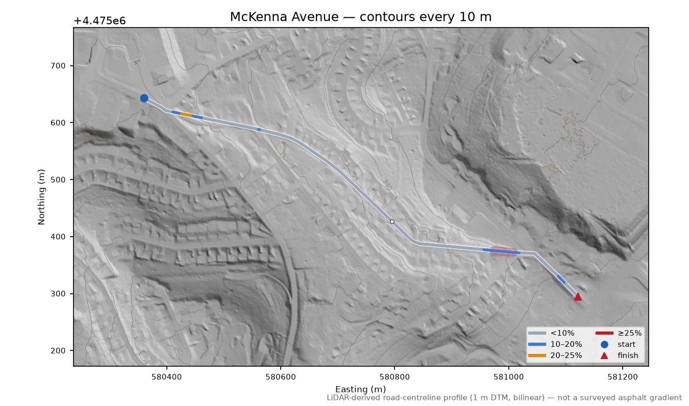 McKenna Avenue LiDAR hillshade map with contours