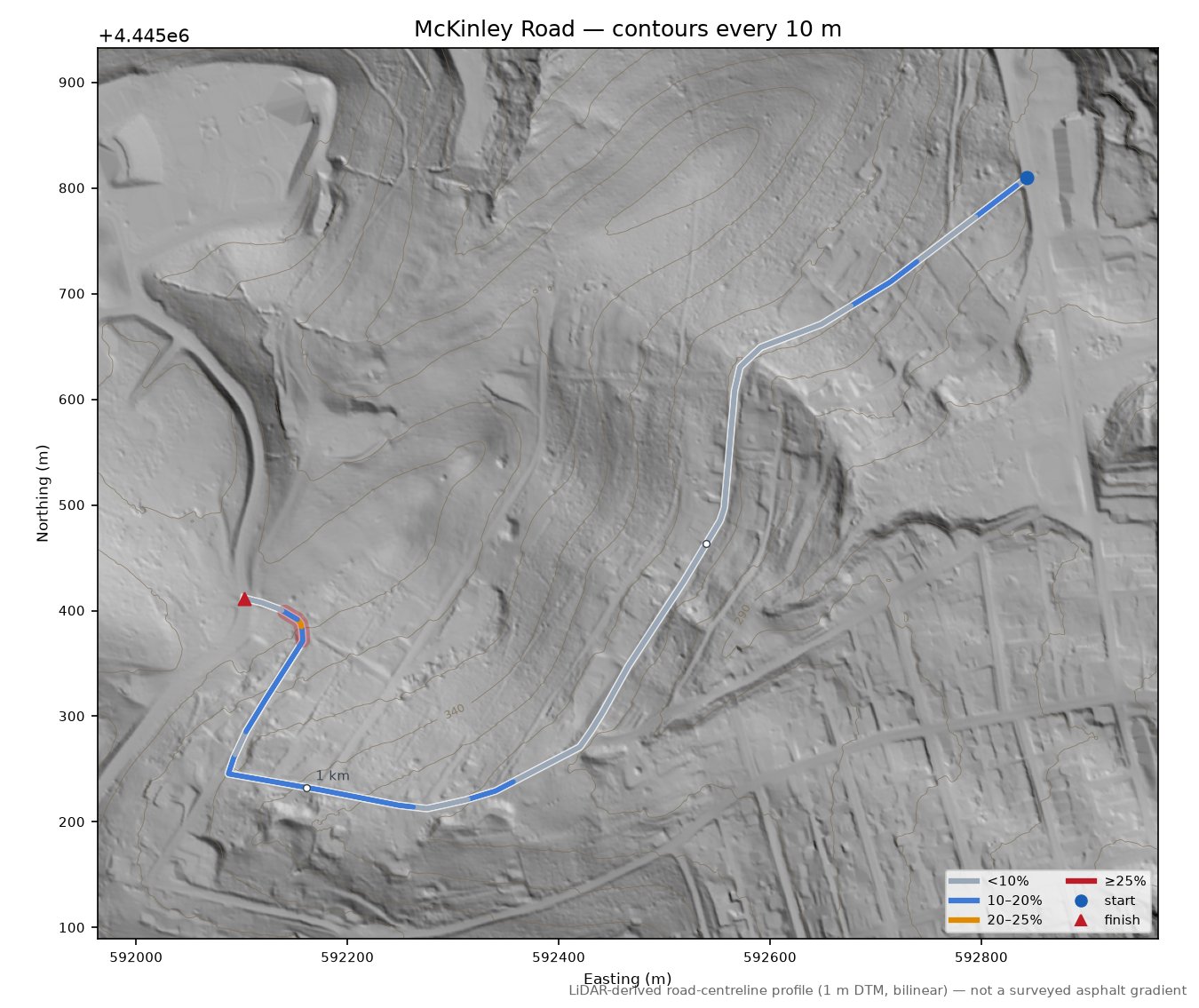 McKinley Road LiDAR hillshade map with contours