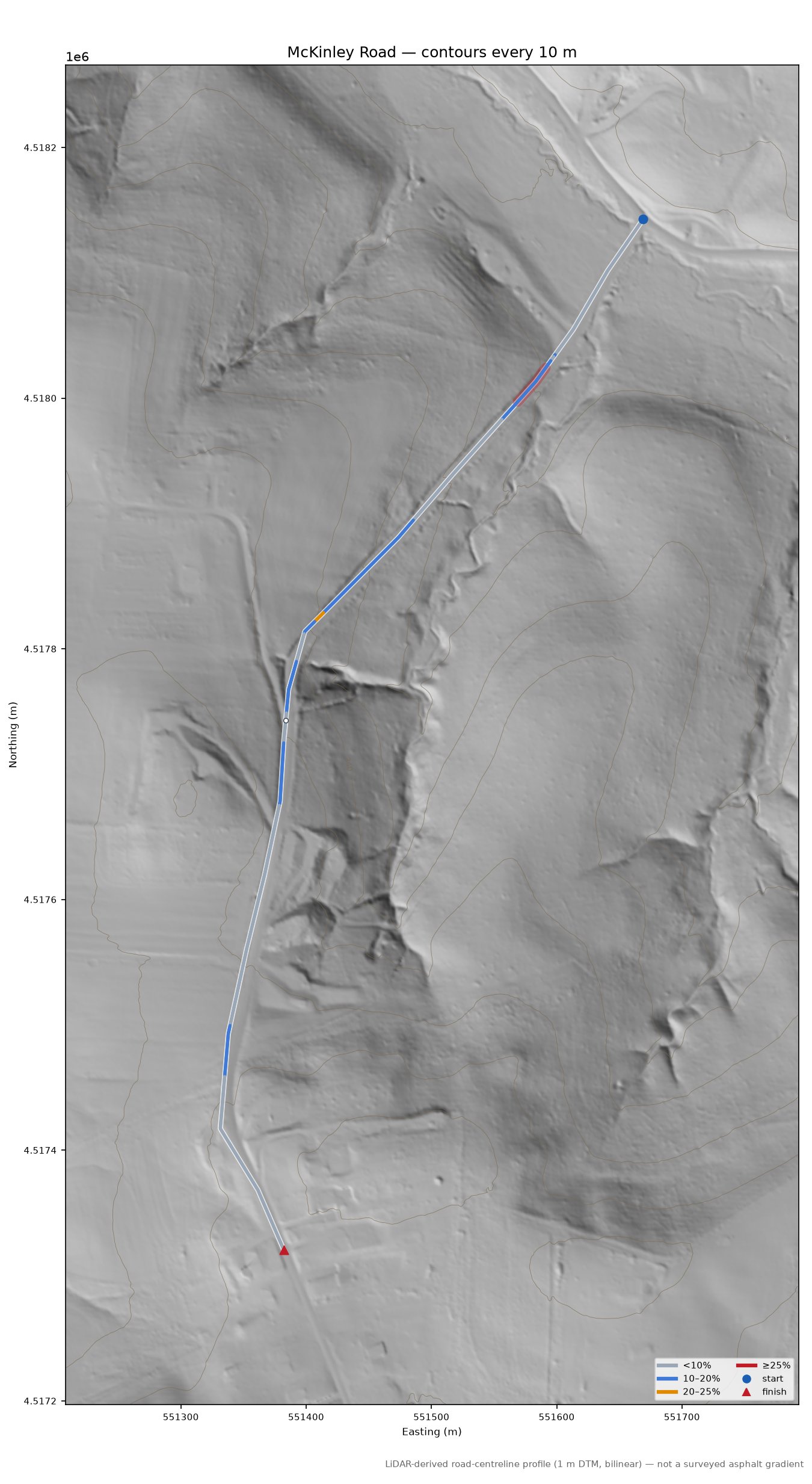 McKinley Road LiDAR hillshade map with contours