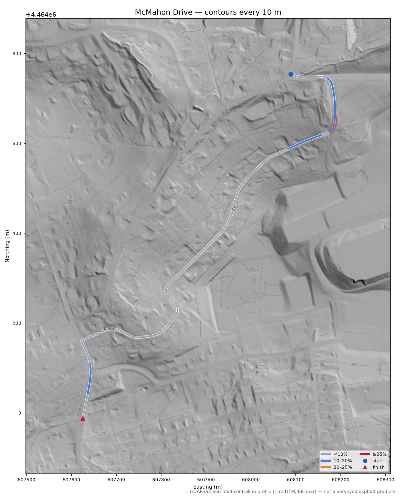 McMahon Drive LiDAR hillshade map with contours