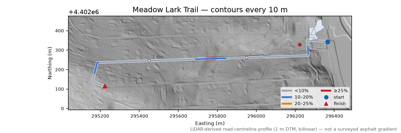 Meadow Lark Trail LiDAR hillshade map with contours