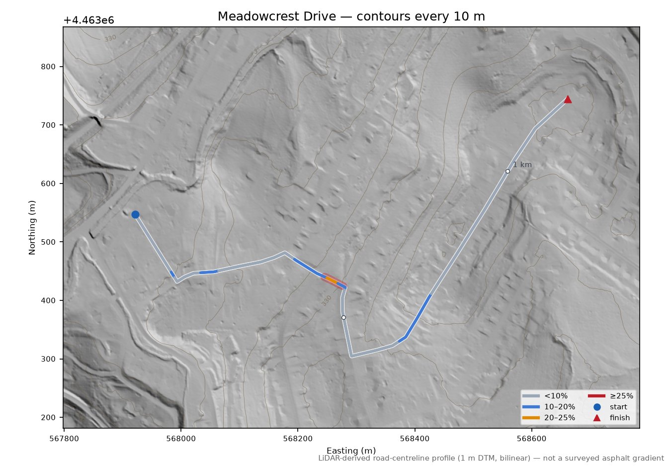 Meadowcrest Drive LiDAR hillshade map with contours