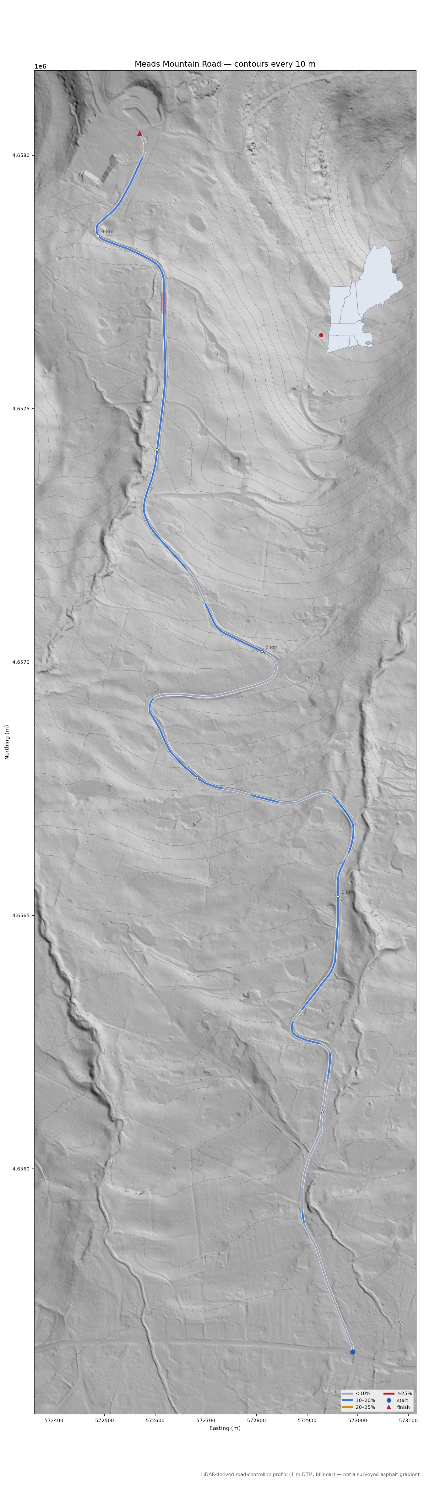 Meads Mountain Road LiDAR hillshade map with contours