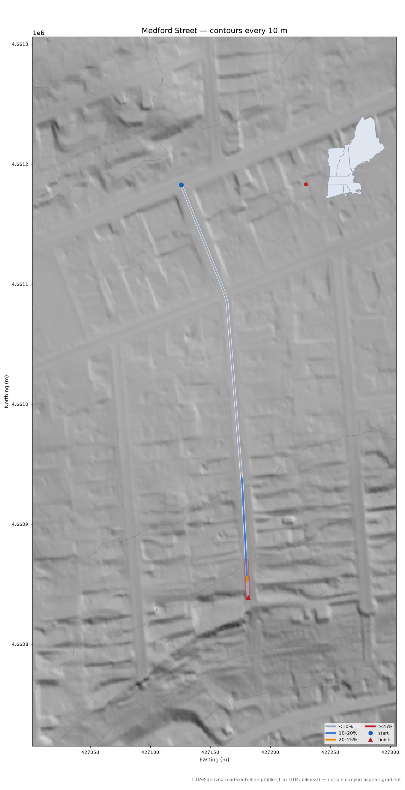 Medford Street LiDAR hillshade map with contours