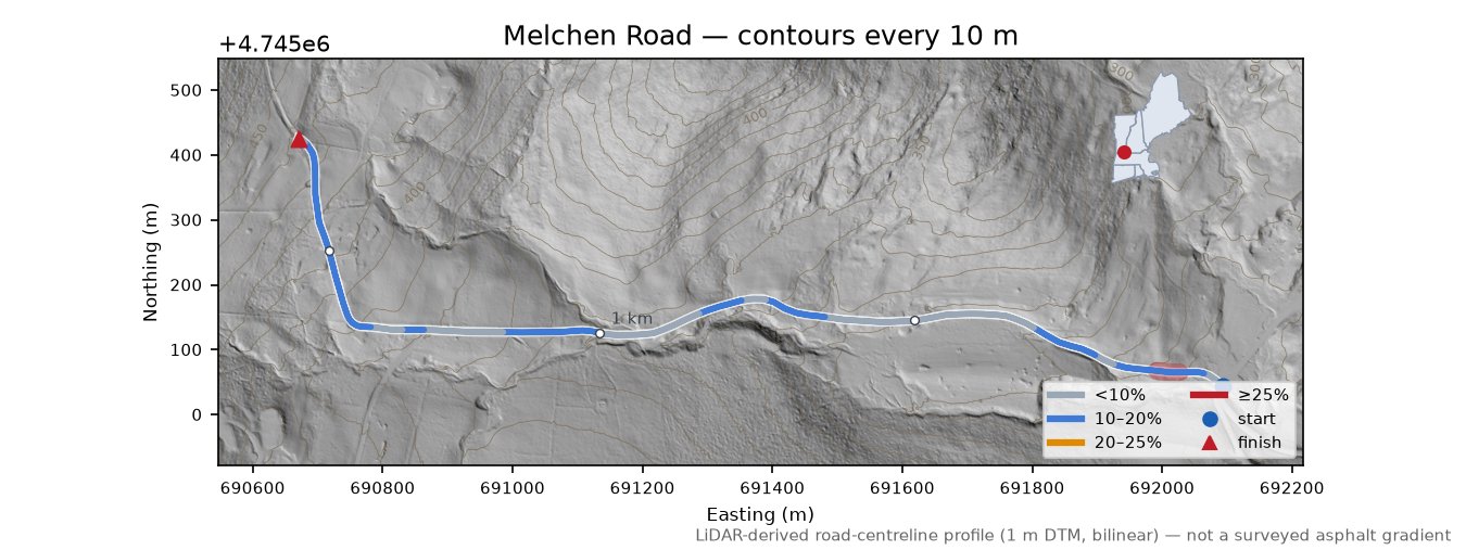 Melchen Road LiDAR hillshade map with contours