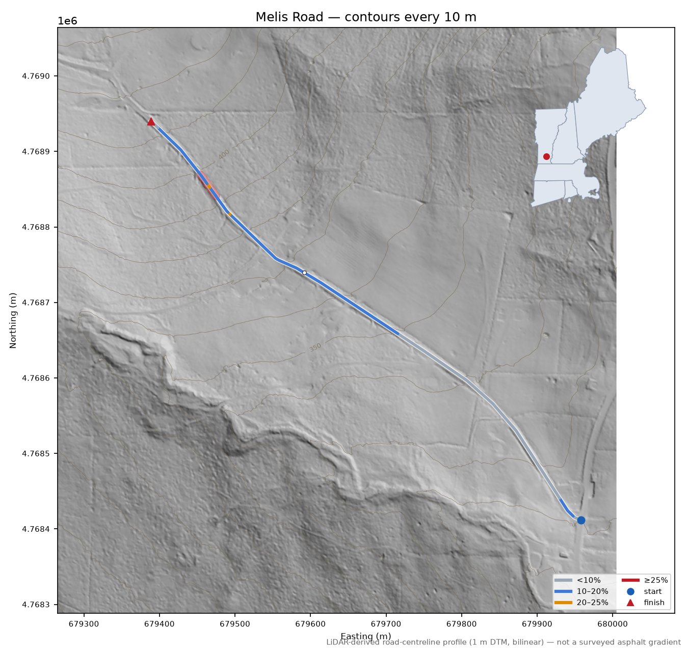 Melis Road LiDAR hillshade map with contours