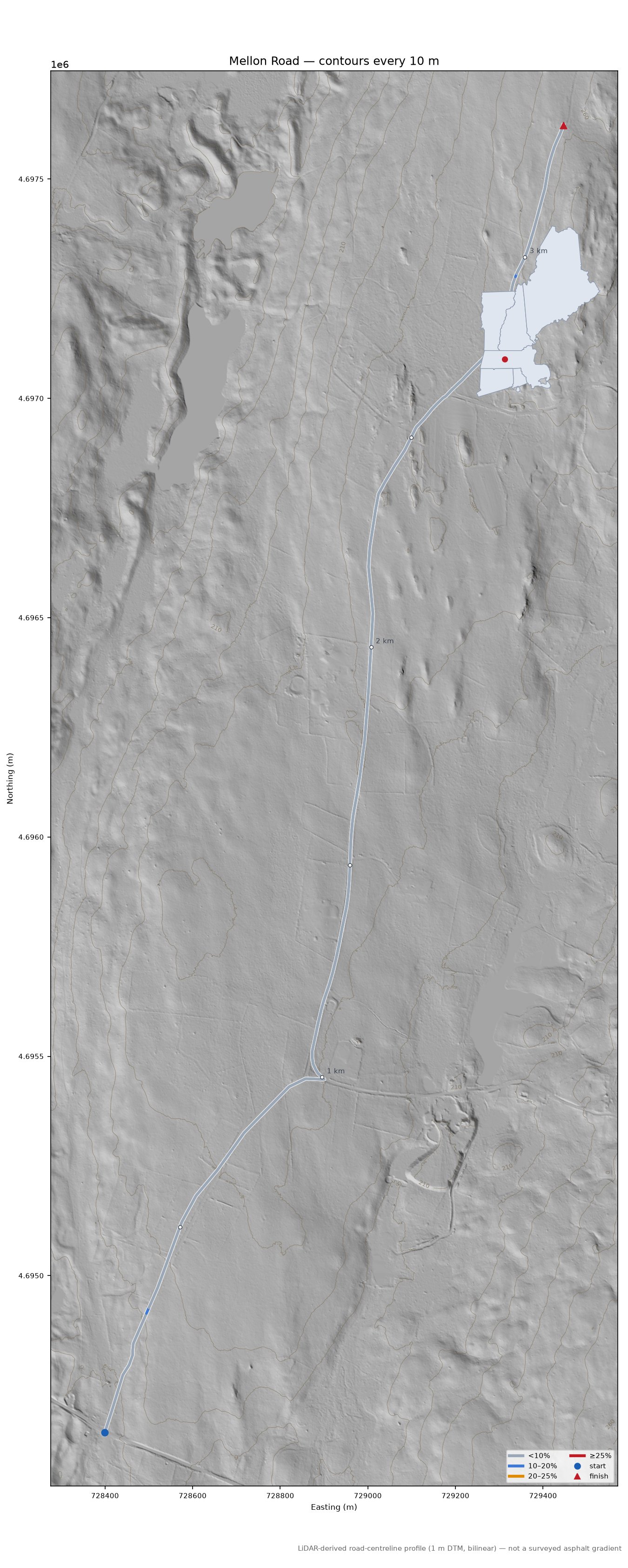 Mellon Road LiDAR hillshade map with contours