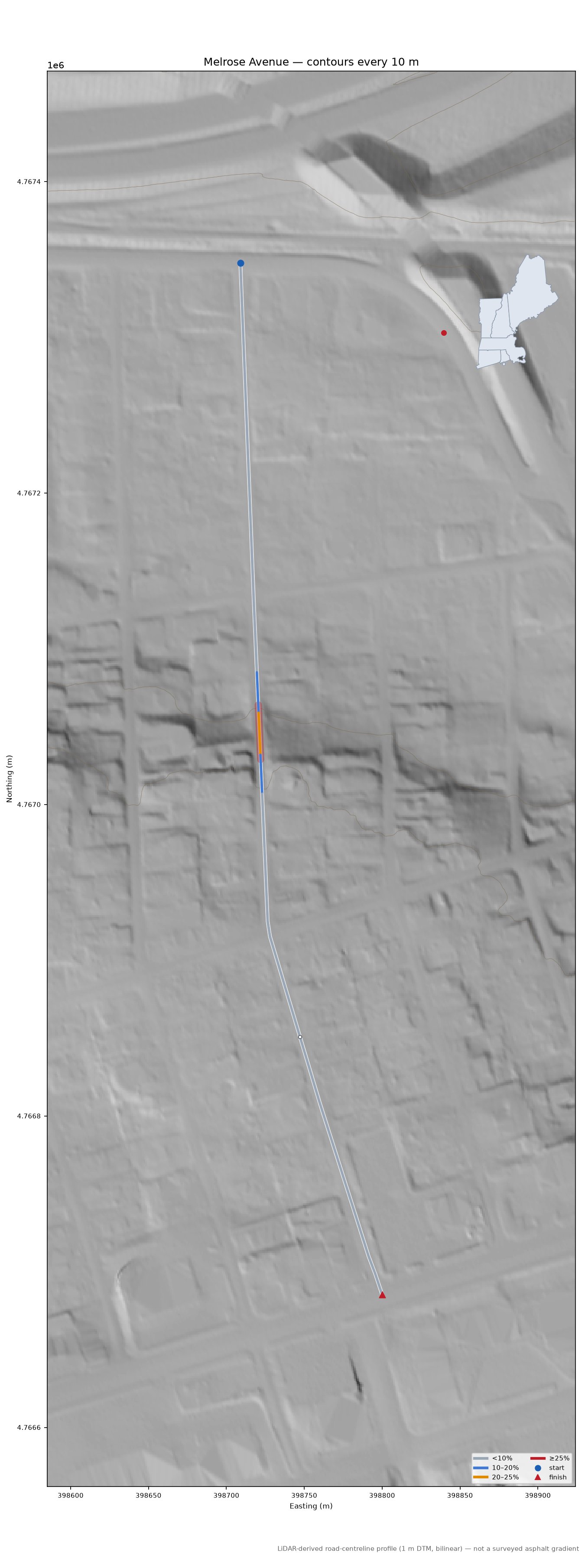 Melrose Avenue LiDAR hillshade map with contours