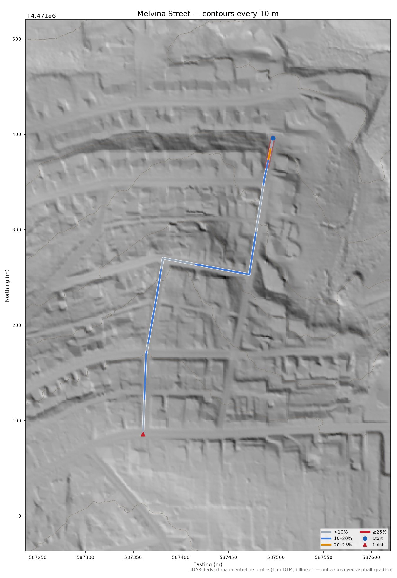 Melvina Street LiDAR hillshade map with contours