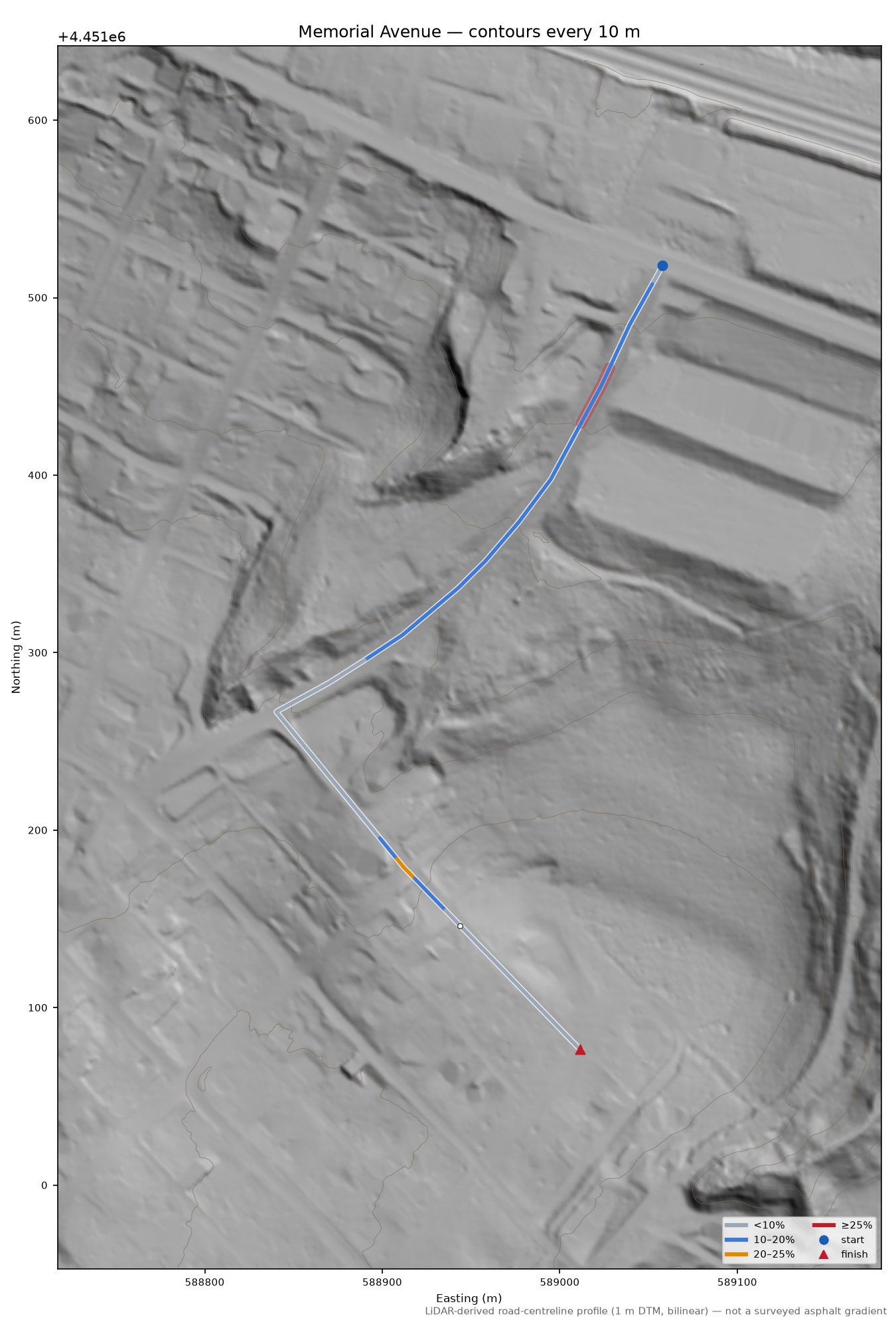 Memorial Avenue LiDAR hillshade map with contours