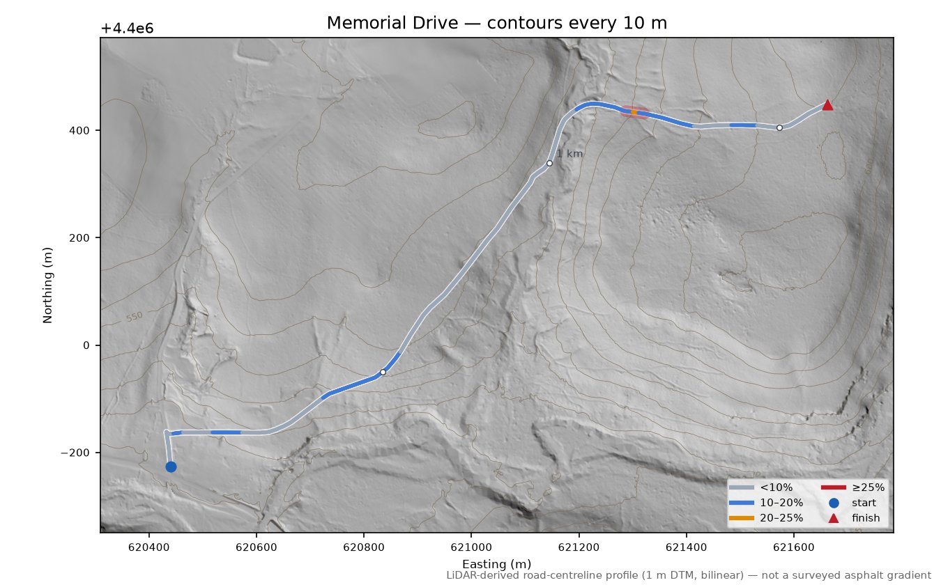 Memorial Drive LiDAR hillshade map with contours