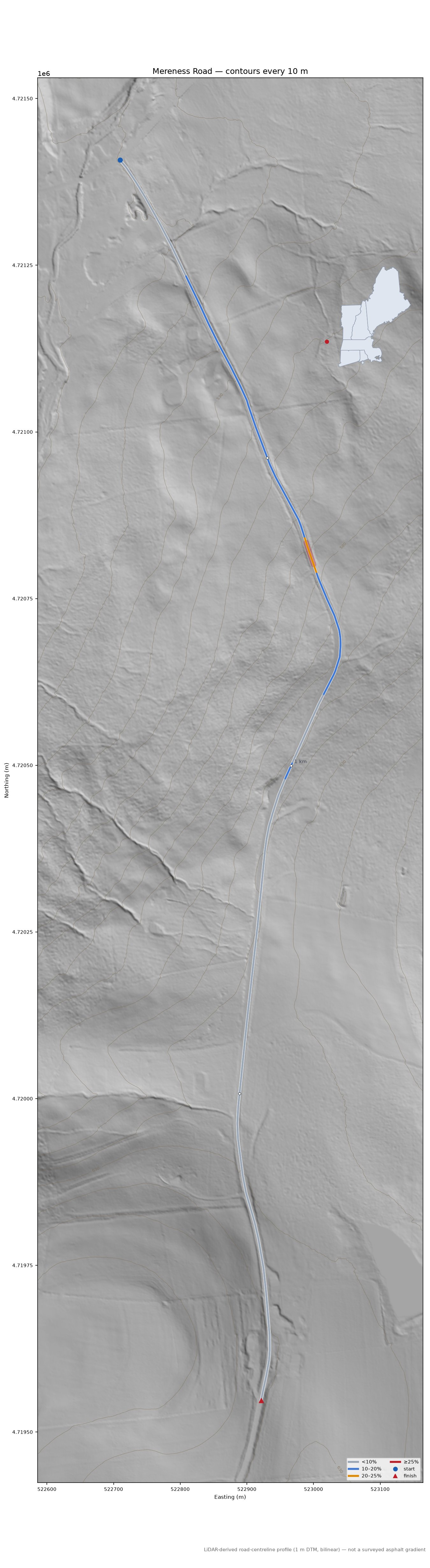 Mereness Road LiDAR hillshade map with contours