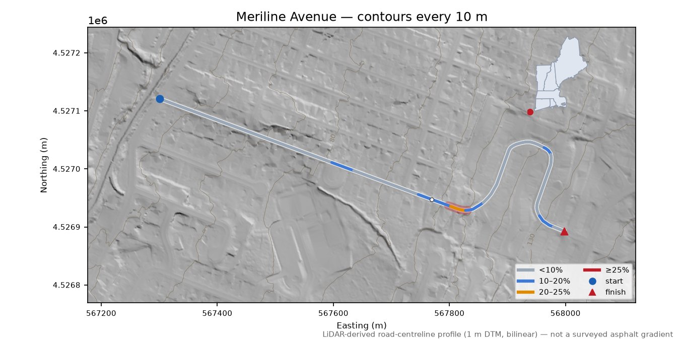 Meriline Avenue LiDAR hillshade map with contours