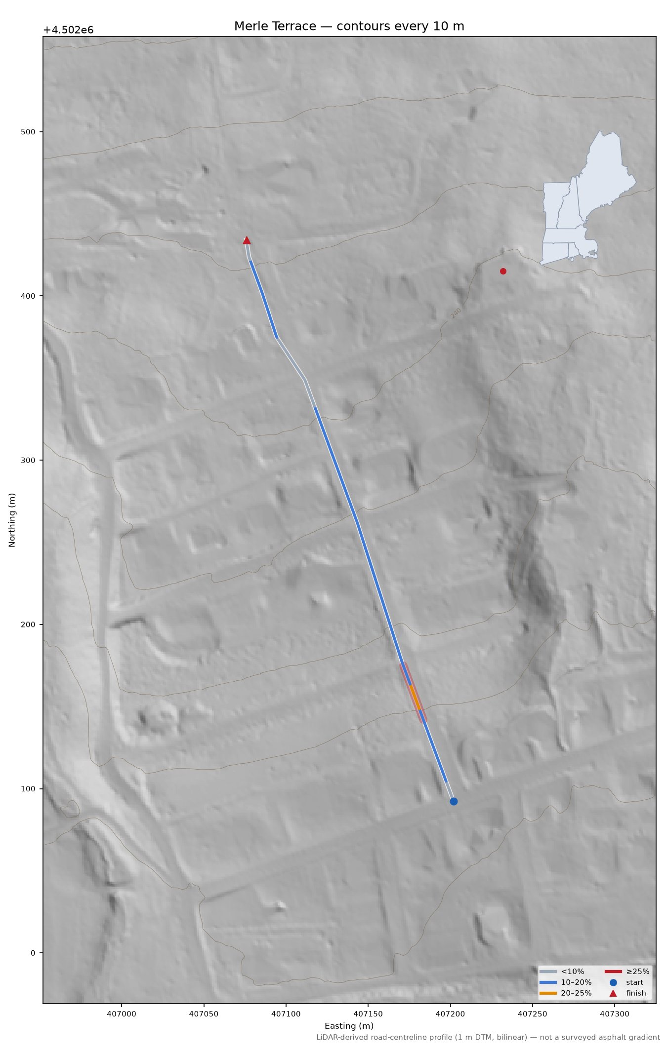 Merle Terrace LiDAR hillshade map with contours