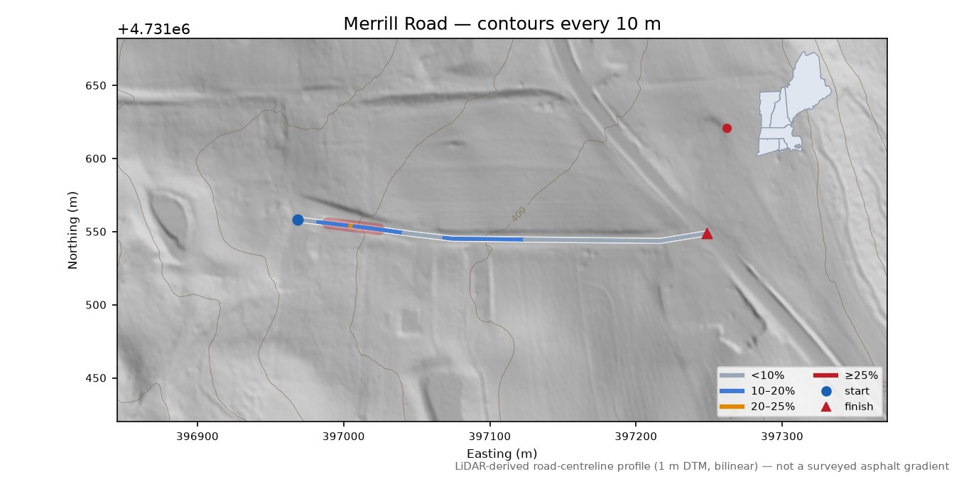 Merrill Road LiDAR hillshade map with contours
