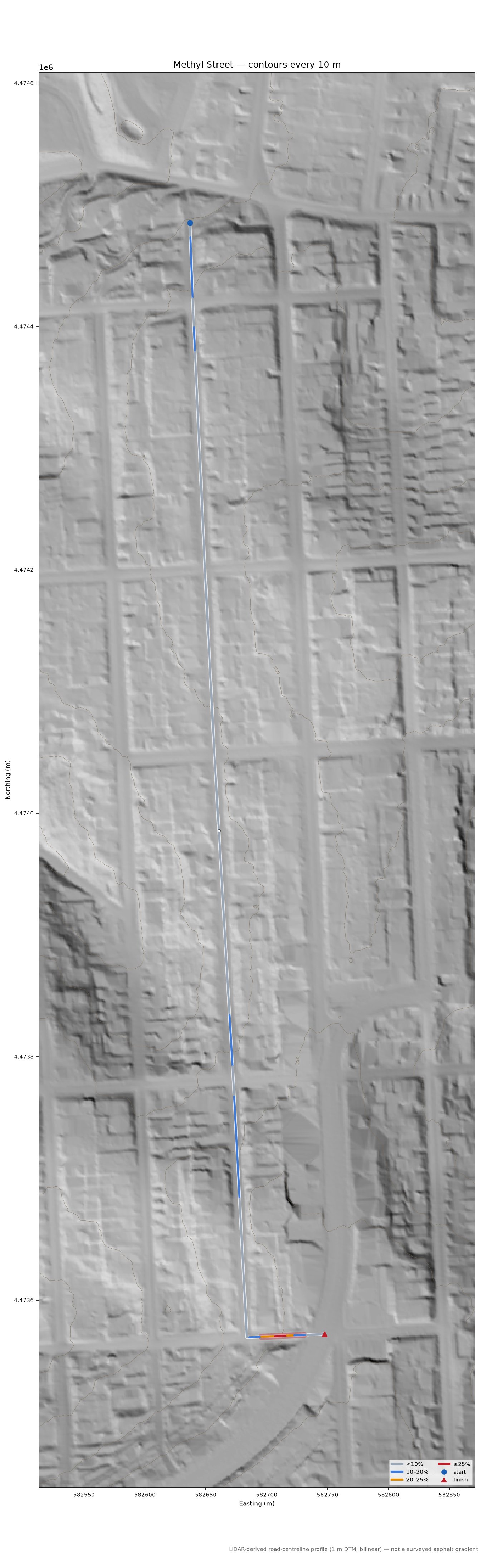 Methyl Street LiDAR hillshade map with contours